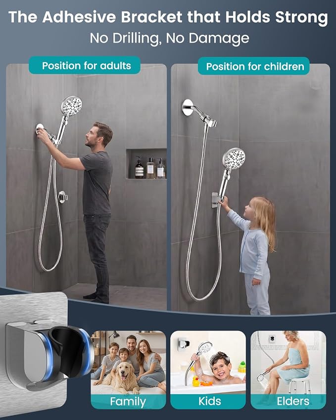 Shower Head with Handhled High Pressure Hand held Showerhead | 9 Modes, ON/OFF Switch Shower Heads with 71" Long Hose Built-in Power Wash, Bracket, Adhesive Shower Holder for Lower Mount