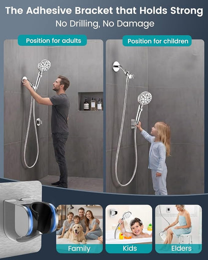 Shower Head with Handhled High Pressure Hand held Showerhead | 9 Modes, ON/OFF Switch Shower Heads with 71" Long Hose Built-in Power Wash, Bracket, Adhesive Shower Holder for Lower Mount