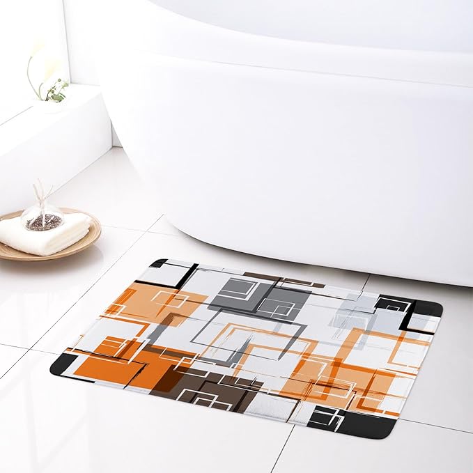 Abstract Geometric Orange Shower Curtain Sets with Rugs, Gray Black and White Geometric Textured Bathroom Curtain Polyester Fabric Bathroom Decoration Shower Curtain Set,70L X 70W Inches