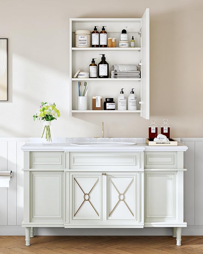 CHOEZON Bathroom Medicine Mirror Cabinet, 21.7'' x 27.6'', Wall-Mounted Bathroom Vanity with Mirror, Bathroom Medicine Cabinet with Storage Function, Hanging Storage Cabinet, Adjustable Shelves, White