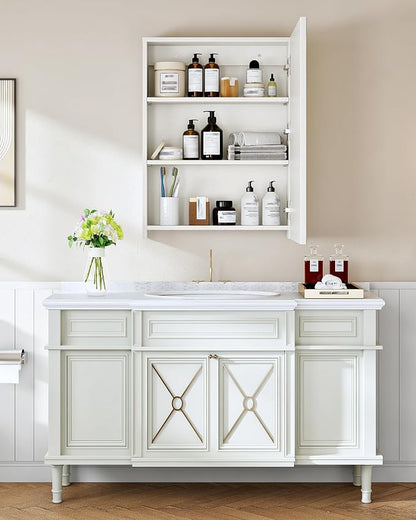 CHOEZON Bathroom Medicine Mirror Cabinet, 21.7'' x 27.6'', Wall-Mounted Bathroom Vanity with Mirror, Bathroom Medicine Cabinet with Storage Function, Hanging Storage Cabinet, Adjustable Shelves, White