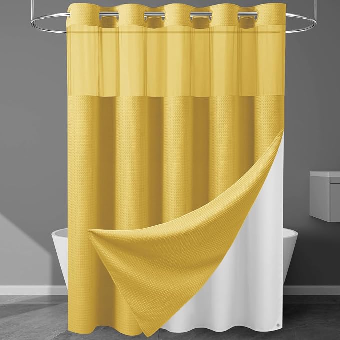 EUTXL 256GSM Heavyweight No Hook Shower Curtain with Snap in Liner,Waffle Weave Shower Curtains for Bathroom,71W x 74H,Yellow