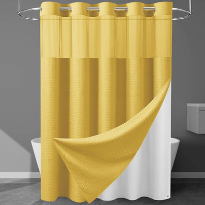 EUTXL 256GSM Heavyweight No Hook Shower Curtain with Snap in Liner,Waffle Weave Shower Curtains for Bathroom,71W x 74H,Yellow