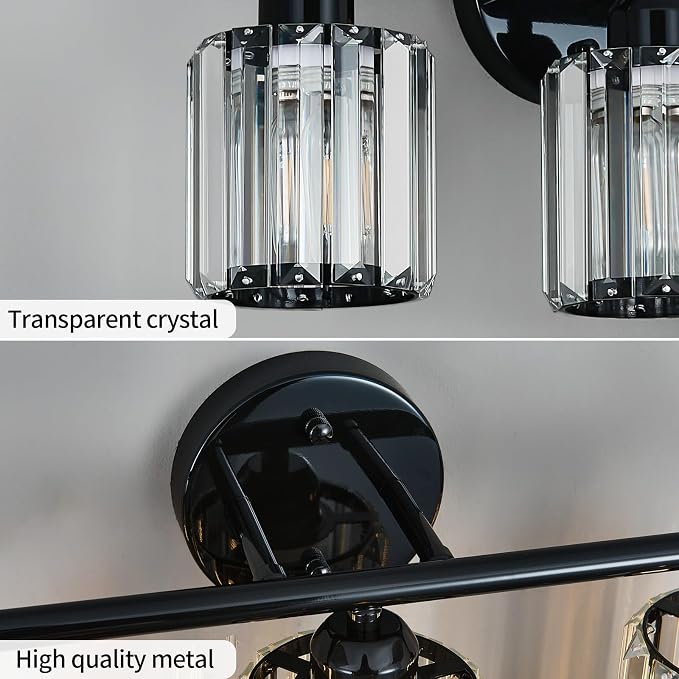 Modern 3-Light Crystal Vanity Light, High Gloss Black Bathroom Wall Light Fixtures Over Mirror for Dressing Table and Sink, Compatible with Dimmable Bulbs, Bulbs Not Included