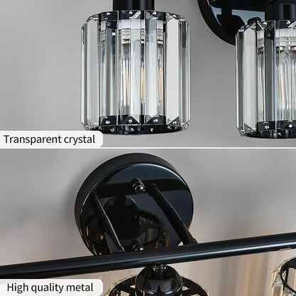 Modern 3-Light Crystal Vanity Light, High Gloss Black Bathroom Wall Light Fixtures Over Mirror for Dressing Table and Sink, Compatible with Dimmable Bulbs, Bulbs Not Included