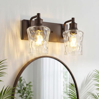 Bathroom Light Fixtures Farmhouse Oil Rubbed Bronze Vanity Lights for Bathroom Lighting Fixtures Over Mirror with Hammered Glass Lampshade for Cabinet Mirror Bedroom Hallway 2 Light