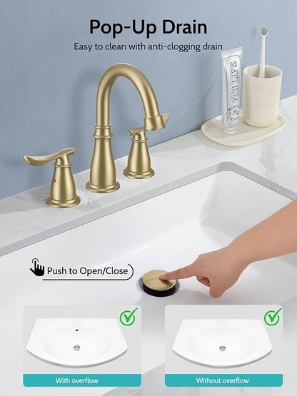 Brushed Gold Bathroom Faucet 3 Hole, 4 Inch Bathroom Sink Faucet with 2 Hot/Cold Handles, Pop-Up Drain, Lead-Free, No-Leak, RV Faucet for Bathroom Sink, Bath, Camper