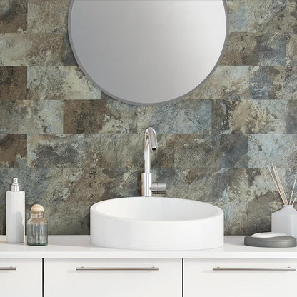 AULIGET 2-Piece Beige & Brown Slate Peel and Stick Backsplash Wall Tiles, 6" x 12" PVC Faux Stone Stick on Tiles for Kitchen Backsplash