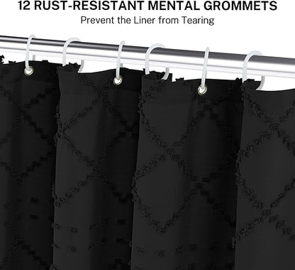 Extra Long Black Woven Fabric Boho Shower Curtain with Tassels 72 x 80 Modern Farmhouse Minimalist, Tufted Chevron Textured Striped Shabby Chic, Water Resistant Cloth Curtain for Bathroom, Hotel Decor