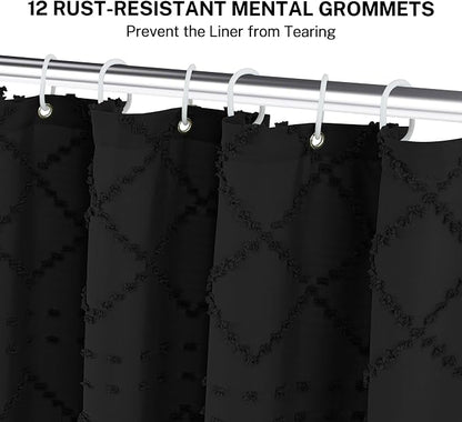Extra Long Black Woven Fabric Boho Shower Curtain with Tassels 72 x 90 Modern Farmhouse Minimalist, Tufted Chevron Textured Striped Shabby Chic, Water Resistant Cloth Curtain for Bathroom, Hotel Decor