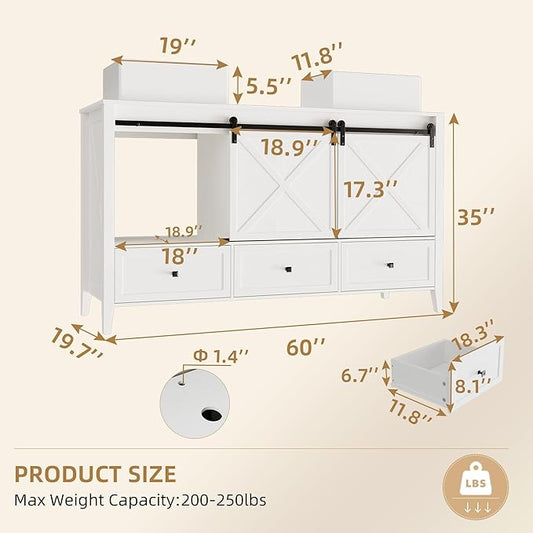 VNN Bathroom Vanity with Sink - 60 Inch Bathroom Vanity Double Sink Ceramic, Freestanding Cabinet with 2 Farmhouse Sliding Barn Doors and 5 Drawers, Space-Saving Storage Cabinet, White Wood Grain