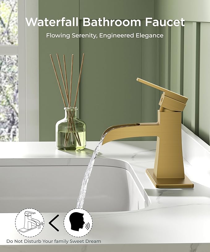FORIOUS Brushed Gold Bathroom Faucet 1 Hole, Single Handle Waterfall Bathroom Faucets with Pop-Up Drain for Commercial, Vanity, Lavatory, Restroom, Farmhouse