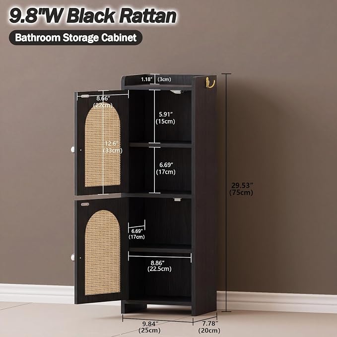 Arbuxzuy Rattan Bathroom Storage Cabinet with 2 Doors and Adjustable Shelf | Black Corner Floor Cabinet, Narrow Toilet Paper Cabinets with 2Hooks,Toilet Organizer for Small Spaces, 7.87"D*9.84"W*29.72"H
