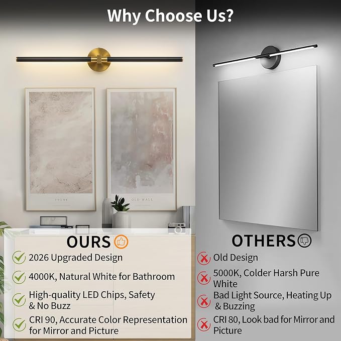 31" Modern Bathroom Vanity Light, Black and Gold Bathroom Light Fixture | Upgraded Bright 18W, 4000K, 360° Rotatable, CRI 90+, Brushed Gold Vanity Lights, LED Bathroom Lighting Fixtures over Mirror