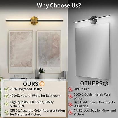 31" Modern Bathroom Vanity Light, Black and Gold Bathroom Light Fixture | Upgraded Bright 18W, 4000K, 360° Rotatable, CRI 90+, Brushed Gold Vanity Lights, LED Bathroom Lighting Fixtures over Mirror