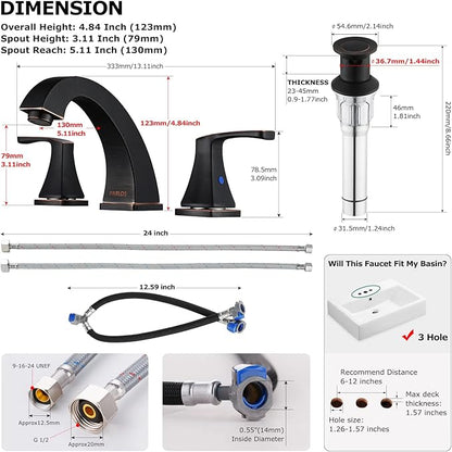 PARLOS Two-Handle High Arc Bathroom Sink Faucet with Metal Pop Up Drain and cUPC Faucet Supply Lines Widespread 8 inch Deck Mounted,Oil Rubbed Bronze, Doris 14173