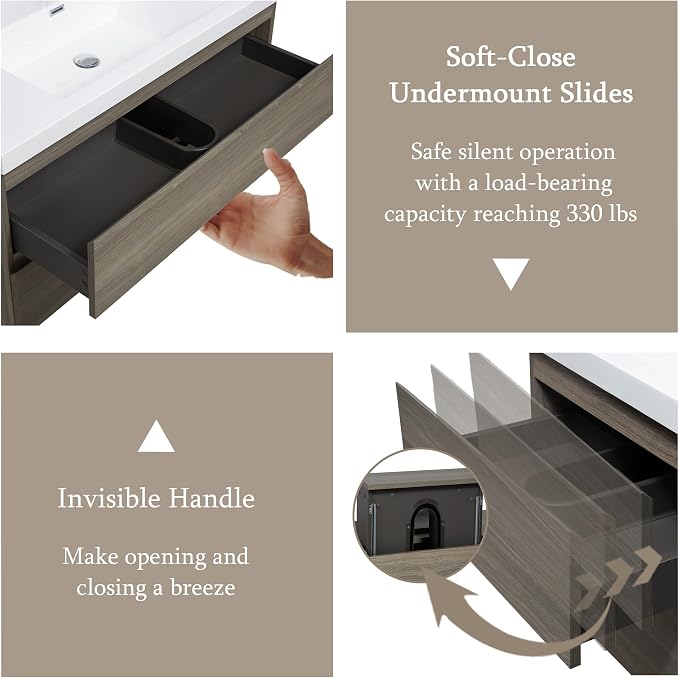 Floating Bathroom Vanity with Sink, 42" Wall-Mounted Bathroom Vanity | Resin Top Basin and Soft Close Drawers, No Assembly Required, Ash Grey