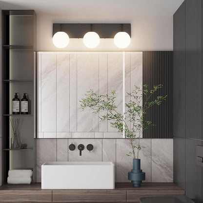 Tipace 3-Light Modern Black Bathroom Vanity Light Fixtures Over Mirror Mid Century Vanity Lights with Milk White Glass Globe Industrial Bath Lighting(Exclude Bulb)