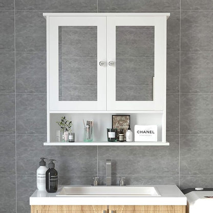 COSTWAY Bathroom Cabinet Wall Mount, Wooden Medicine Cabinet with 2 Mirror Doors, Adjustable Shelf, Open Compartment, for Laundry, Living Room, Kitchen, White