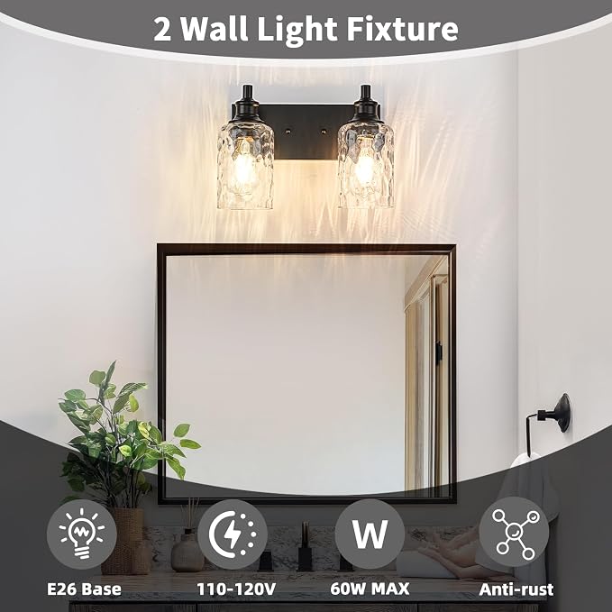Bathroom Light Fixtures Over Mirror, 2 Lights Vanity Lights with Hammered Glass Shade, 12.7" Matte Black Farmhouse Bathroom Light Fixtures for Bedroom, Porch, Hotel, Mirror Cabinet