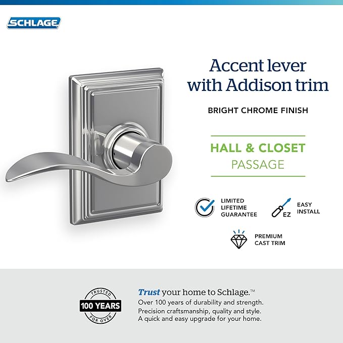SCHLAGE Lock Company Addison Trim with SCHLAGE Hall and Closet Lever, Bright Chrome (F10 ACC 625 ADD)