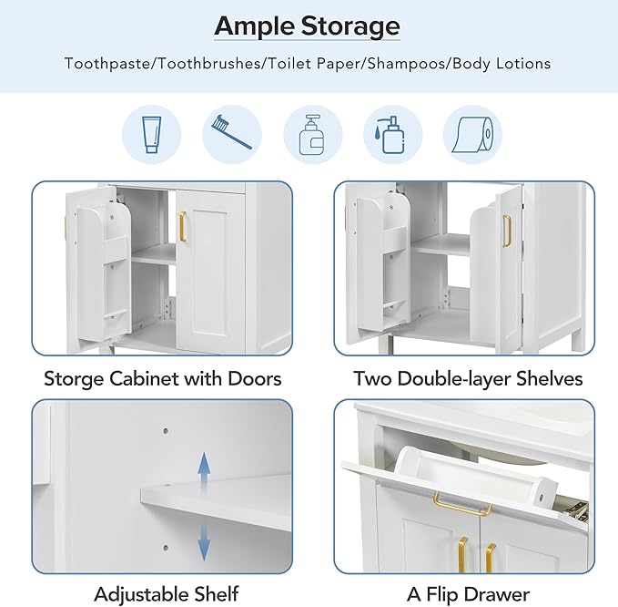 LUMISOL 24" Bathroom Vanity with Sink, Solid Wood Bathroom Cabinet with Tip-Out Drawer, Storage Racks, Soft-Close Door & Adjustable Shelves, Ceramic Sink, White