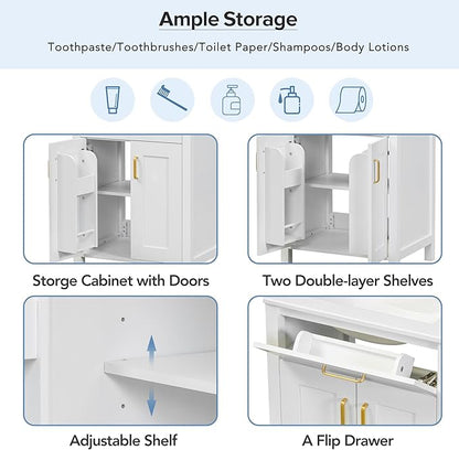 LUMISOL 24" Bathroom Vanity with Sink, Solid Wood Bathroom Cabinet with Tip-Out Drawer, Storage Racks, Soft-Close Door & Adjustable Shelves, Ceramic Sink, White