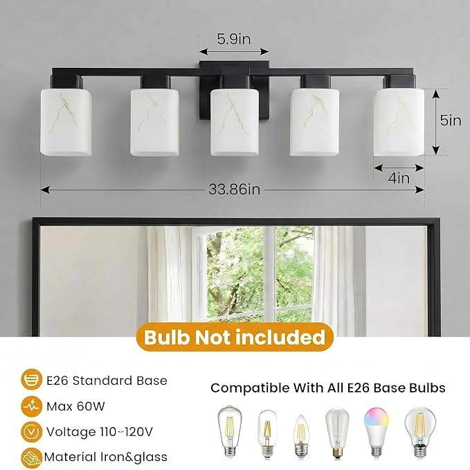 5-Light Square Bathroom Light Fixture, Black Modern Vanity Light with White Marble Glass Shade, for Bathroom Mirror, Living Room, Bedroom, Hallway, E26 Base