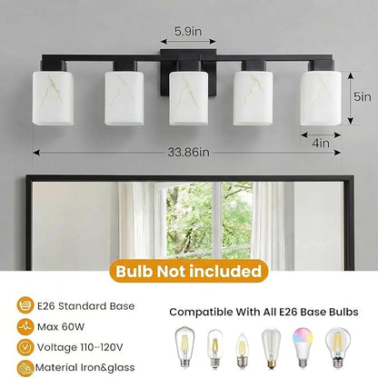 5-Light Square Bathroom Light Fixture, Black Modern Vanity Light with White Marble Glass Shade, for Bathroom Mirror, Living Room, Bedroom, Hallway, E26 Base