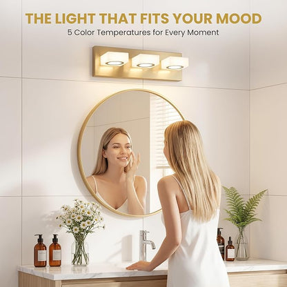 Bathroom Vanity Light, 3-Light 16 Inch Brushed Gold 5CCT 2700-6500K LED Bathroom Light Fixtures Over Mirror, Vanity Lighting Modern Bath Wall Sconce for Mirror Bedroom Living Room