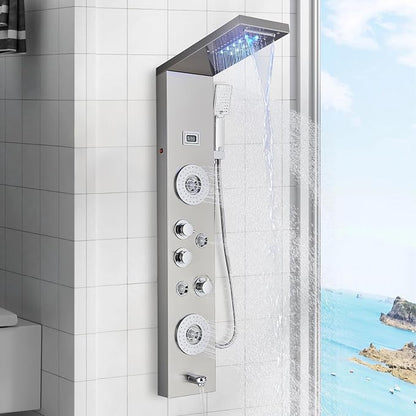 FUZ Shower Panel Tower System, Stainless Steel 6 Function Shower Panel System with LED Fancy Rain Shower Head and Handheld, Comfortable Rain Massage Body Jet and Tub Spout, Brushed Nickel Shower Tower