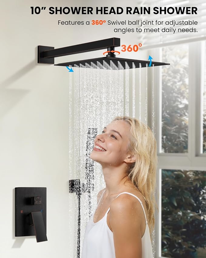 gotonovo Tub Shower Faucet Set with Valve 10'' Rain Head,Oil Rubbed Bronze | Waterfall Tub Spout Shower System,Bathtub Faucet Set,SUS304 Rain Head with Handheld,Brass Valve Trim Kit,All Metal,Wall Mount