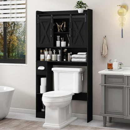 Vabches Over The Toilet Storage Cabinet with Sliding Doors, Black | Farmhouse Storage Cabinet Over Toilet, Home Space-Saving Toilet Rack, Toilet Paper Holder Stand,for Restroom,Bathroom,Laundry
