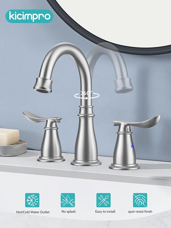 Bathroom Faucets for Sink 3 Hole, 4 Inch Brushed Nickel Faucet Bathroom with 2 Hot/Cold Handles, Pop-Up Drain, Lead-Free, No-Leak, RV Sink Faucet for Bath, Camper