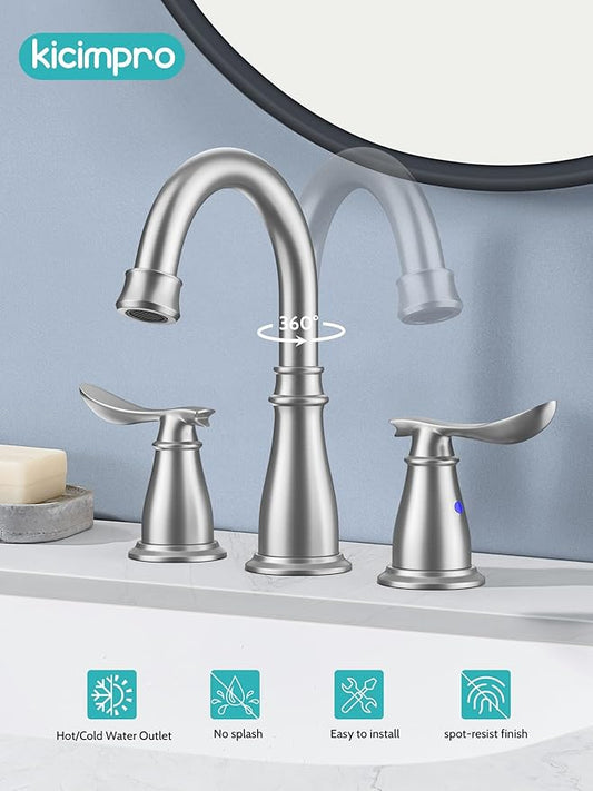 Bathroom Faucets for Sink 3 Hole, 4 Inch Brushed Nickel Faucet Bathroom with 2 Hot/Cold Handles, Pop-Up Drain, Lead-Free, No-Leak, RV Sink Faucet for Bath, Camper