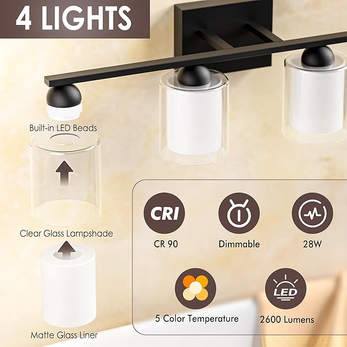 Quntis Black Bathroom Lighting Fixtures Over Mirror with 5 Color Modes, 4 Light Dimmable LED Bathroom Vanity Light, with Eye Care Milk White Frosted Glass, 28W Energy Saving, 27 Inch (Bulbs Included)