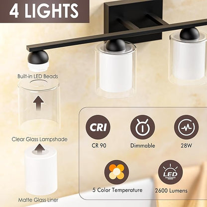 Quntis Black Bathroom Lighting Fixtures Over Mirror with 5 Color Modes, 4 Light Dimmable LED Bathroom Vanity Light, with Eye Care Milk White Frosted Glass, 28W Energy Saving, 27 Inch (Bulbs Included)