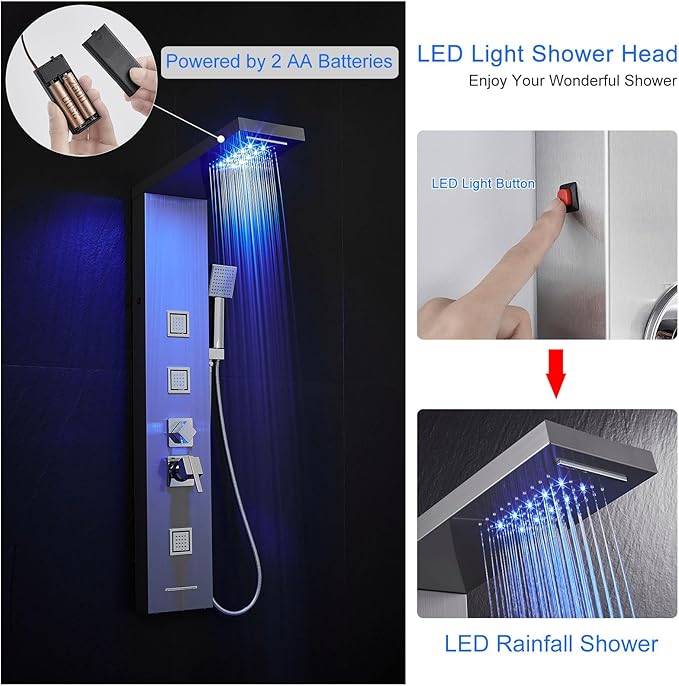 MENATT Shower Panel Tower System with LED Lights, 5 In 1 Shower Panel with Rainfall and Waterfall Shower Head, 3 pcs Massage Spray, Handheld Shower, Waterfall Tub Spout