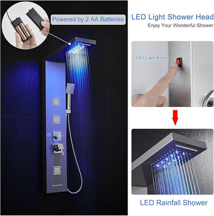 MENATT Shower Panel Tower System with LED Lights, 5 In 1 Shower Panel with Rainfall and Waterfall Shower Head, 3 pcs Massage Spray, Handheld Shower, Waterfall Tub Spout