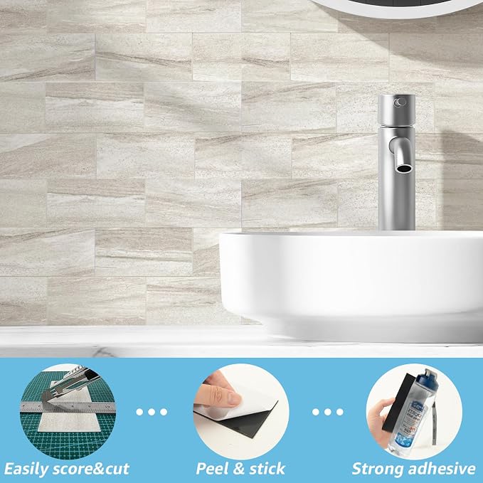 Art3d 102-Pack Peel and Stick Backsplash on Subway Tile, Biege Marble | 3 x 6 in, PVC, Self Adhesive, Waterproof, Traceless Peel, Modular Splicing, Ideal for Vanities, Bathrooms