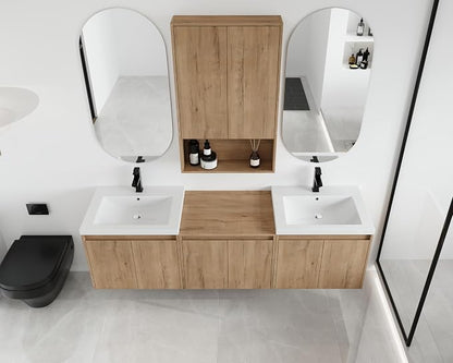 72'' Floating Bathroom Vanity with Double Sink, and 1 Side Cabinet, Brown | Double Sink Combo with 24" Side Cabinet, Plywood Cabinet, Resin Basin, Ample Storage, Soft-close Hinge, Assembly Required