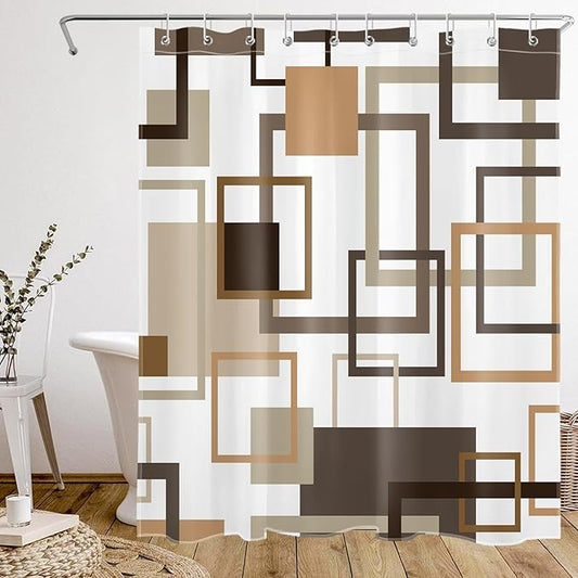 Abstract Geometric Brown Shower Curtain for Bathroom, Tan Vintage Striped Square Shower Curtain Modern Minimalist Polyester Fabric Bathroom Decor Curtains, 60W x 72L inches Including Hooks