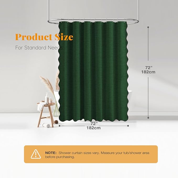 BTTN Dark Green Scalloped Shower Curtain - Linen Textured Heavy Duty Cloth Shower Curtain Set with Plastic Hooks, Neutral Elegant Decorative Fabric Shower Curtains for Bathroom - 72 x 72 - Emerald