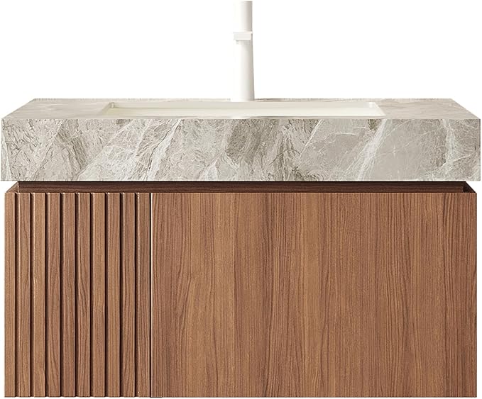 KEIKI 30 Inch Floating Bathroom Vanity with Sink, Modern Wall Mounted Storage Cabinet with Drawer, Pre-Assembled Waterproof Wood Panels, Sintered Stone Top & Ceramic Basin Combo Set, Brown Oak & Grey