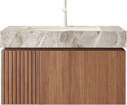 KEIKI 30 Inch Floating Bathroom Vanity with Sink, Modern Wall Mounted Storage Cabinet with Drawer, Pre-Assembled Waterproof Wood Panels, Sintered Stone Top & Ceramic Basin Combo Set, Brown Oak & Grey