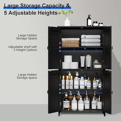 Bathroom Cabinet with Adjustable Shelf Freestanding Storage Cabinet with 2 Doors Wooden Organizer Floor for Bathroom Kitchen and Living Room (Black, 4 Doors)
