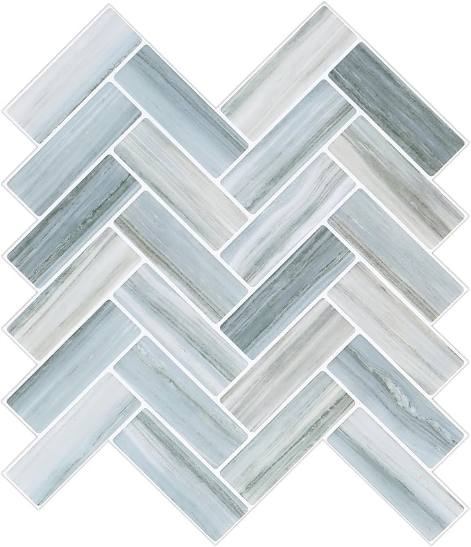 Tilingview 10PCS Peel and Stick Backsplash for Kitchen, Plastic Self-Adhesive Vinyl Gel Tile, Wall Tile for Home Decoration (Blue Gray Herringbone)
