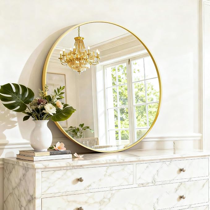 Round Wall Mirror 20 Inch Gold Vanity Mirror with Metal Frame | Modern Circle Wall Mounted Decorative Mirrors for Bathroom, Entryway, Bedroom, Living Room
