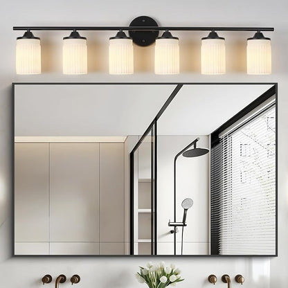 Jonsi Black Bathroom Light Fixtures 6-Light Vanity Lights Modern Wall Sconce with Milk White Shade Brushed Brass Bathroom Light Fixture Over Mirror for Bedroom Hallway Kitchen
