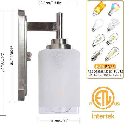 Sconces Wall Lighting Set of Two, Bathrooom Glass Vanity Light | Brushed Nickel Finish, 2 Pack, Frosted Glass Shade, Modern Wall Light Fixtures, For Porch Bedroom Hallway Living Room